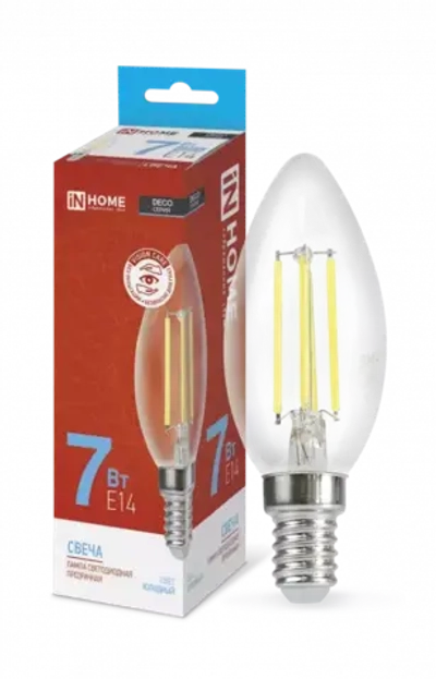 Лампа светодиодная LED-СВЕЧА-deco 7Вт 230В Е14 6500К ХОЛОДНЫЙ 810Лм прозрачная IN HOME