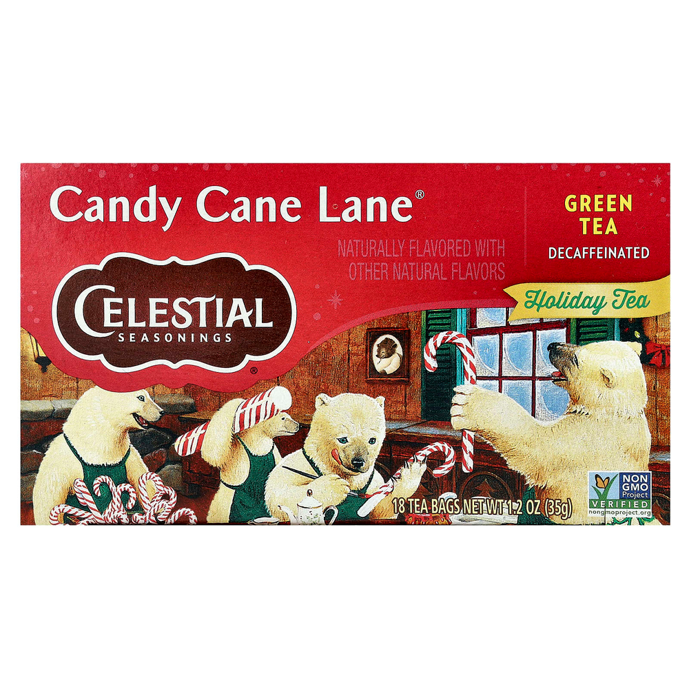 Celestial Seasonings, Holiday Green Tea, Candy Cane Lane®, без кофеина, 18 чайных пакетиков, 35 г (1,2 унции)