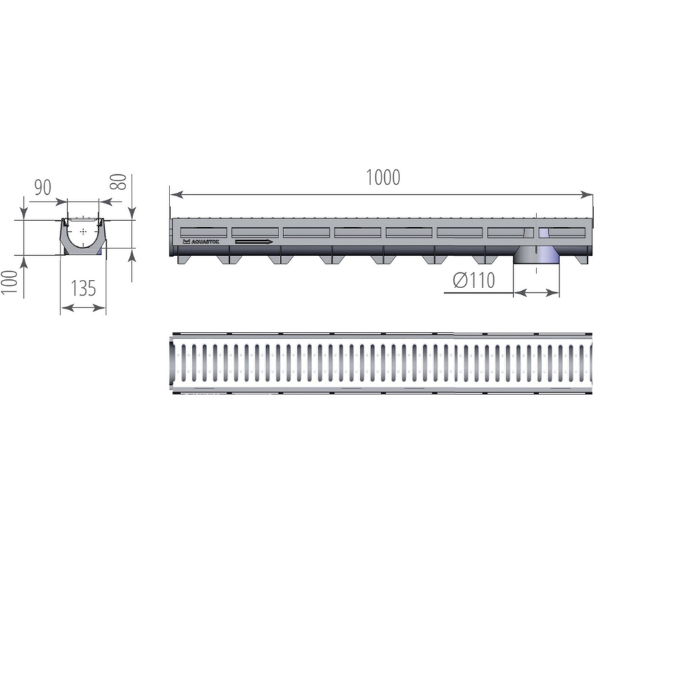Лоток AQUA-TOP DN90 H100 A15 1000*135*100 с оцинкованной решеткой (комплект) (1091н)