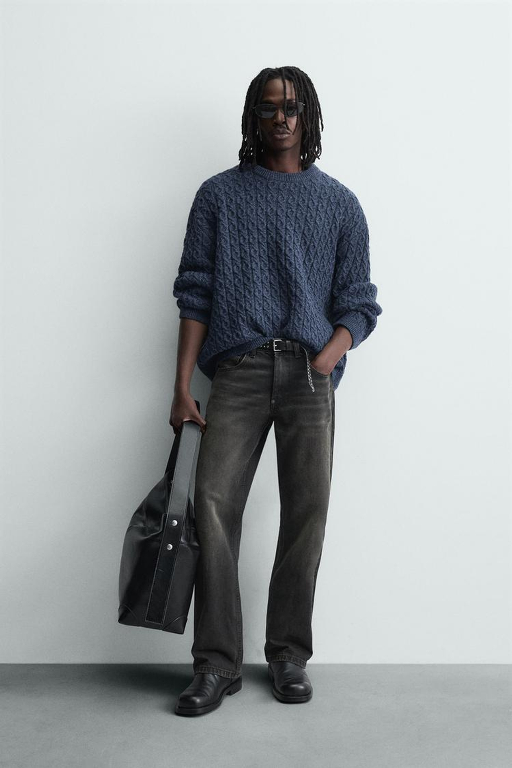 ZARA СВИТЕР С УЗОРОМ «КОСЫ», ИНДИГО