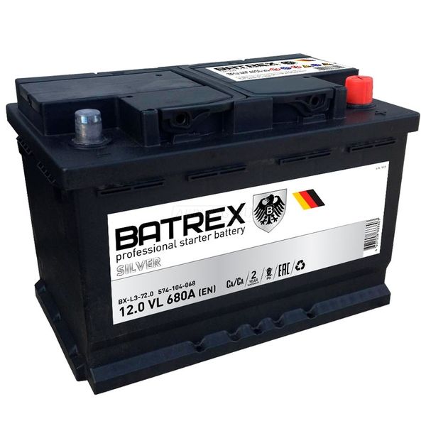 Аккумулятор автомобильный BATREX 72RS 680 А обр. пол. 72 Ач (6СТ-72)