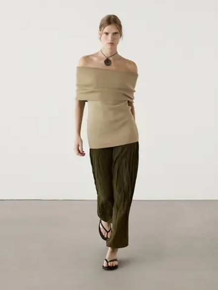 Massimo Dutti Трикотажный топ из смесового хлопка, зеленоватый