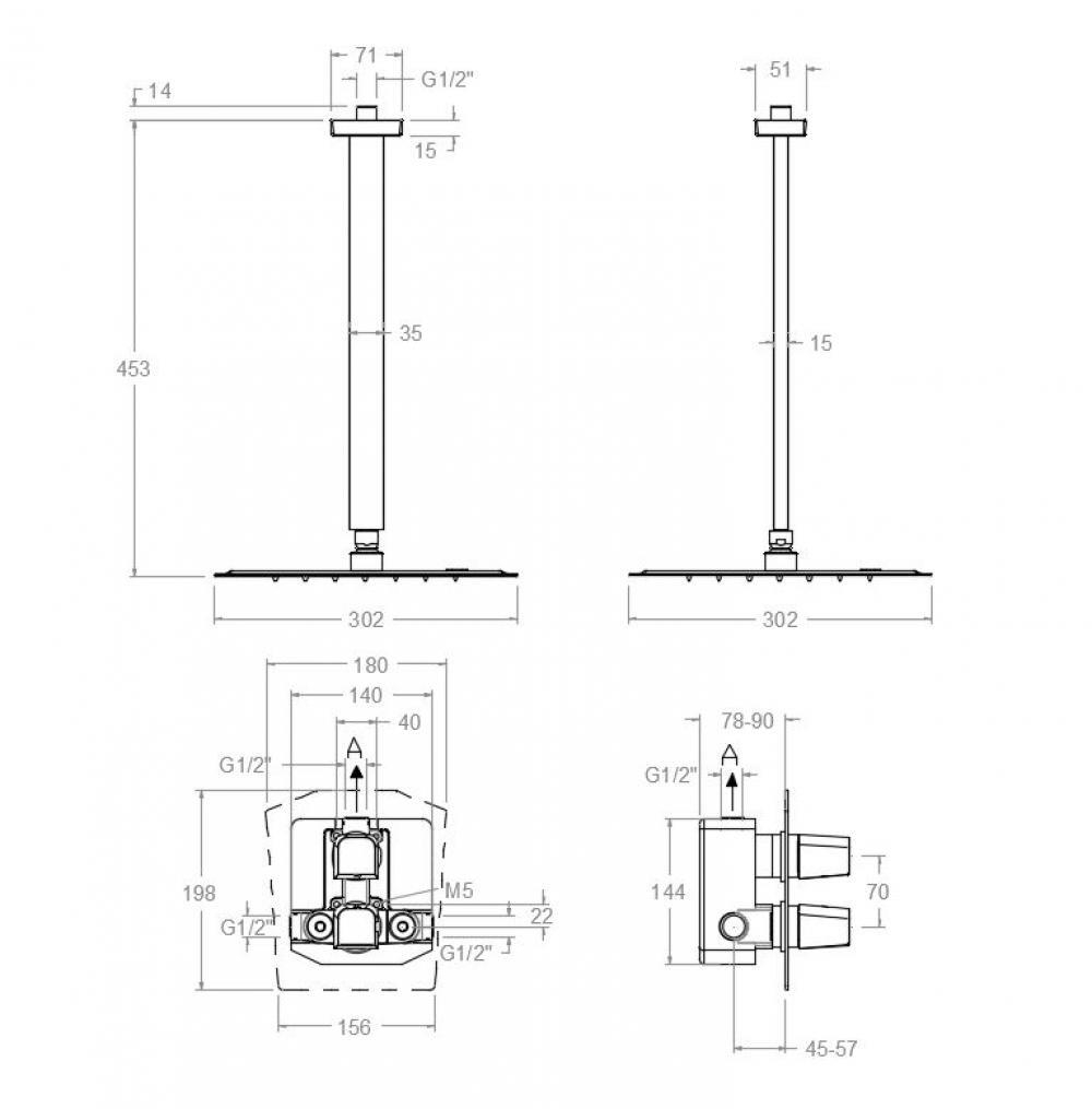 Встраиваемый термостатический смеситель для душа на 1 выход с троп. душем PRISMA K4224012OC золото
