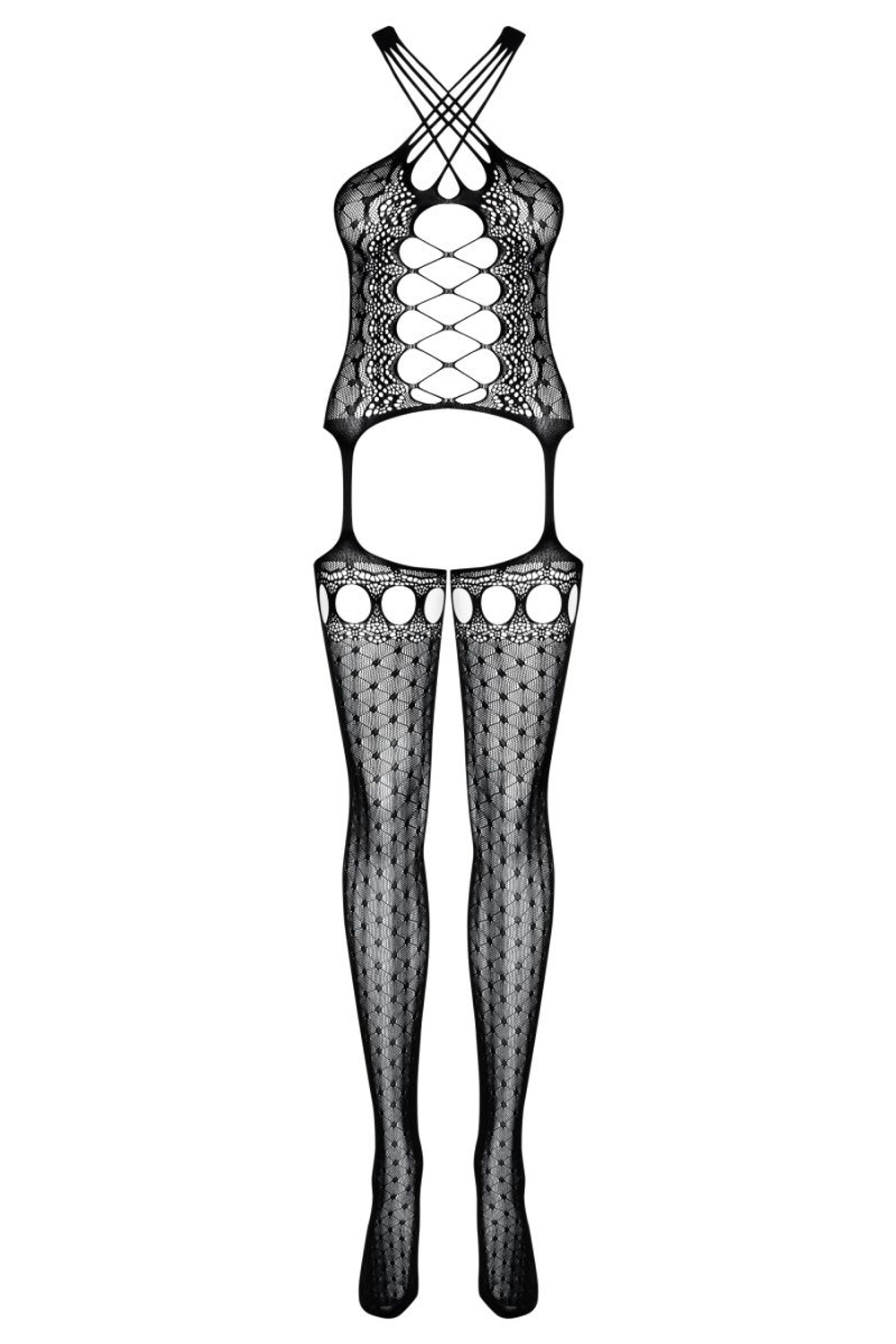 Роскошный комбинезон с имитацией шнуровки и чулок (Размер: XL-XXL) (Цвет: черный)