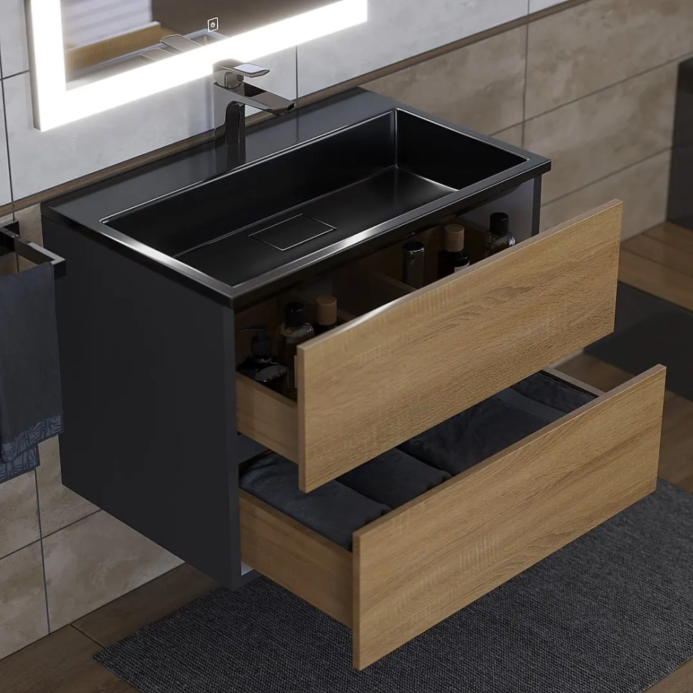 Тумба с раковиной Uperwood Barsa 70 см, раковина черная глянцевая, подвесная тумба черная/дуб сонома