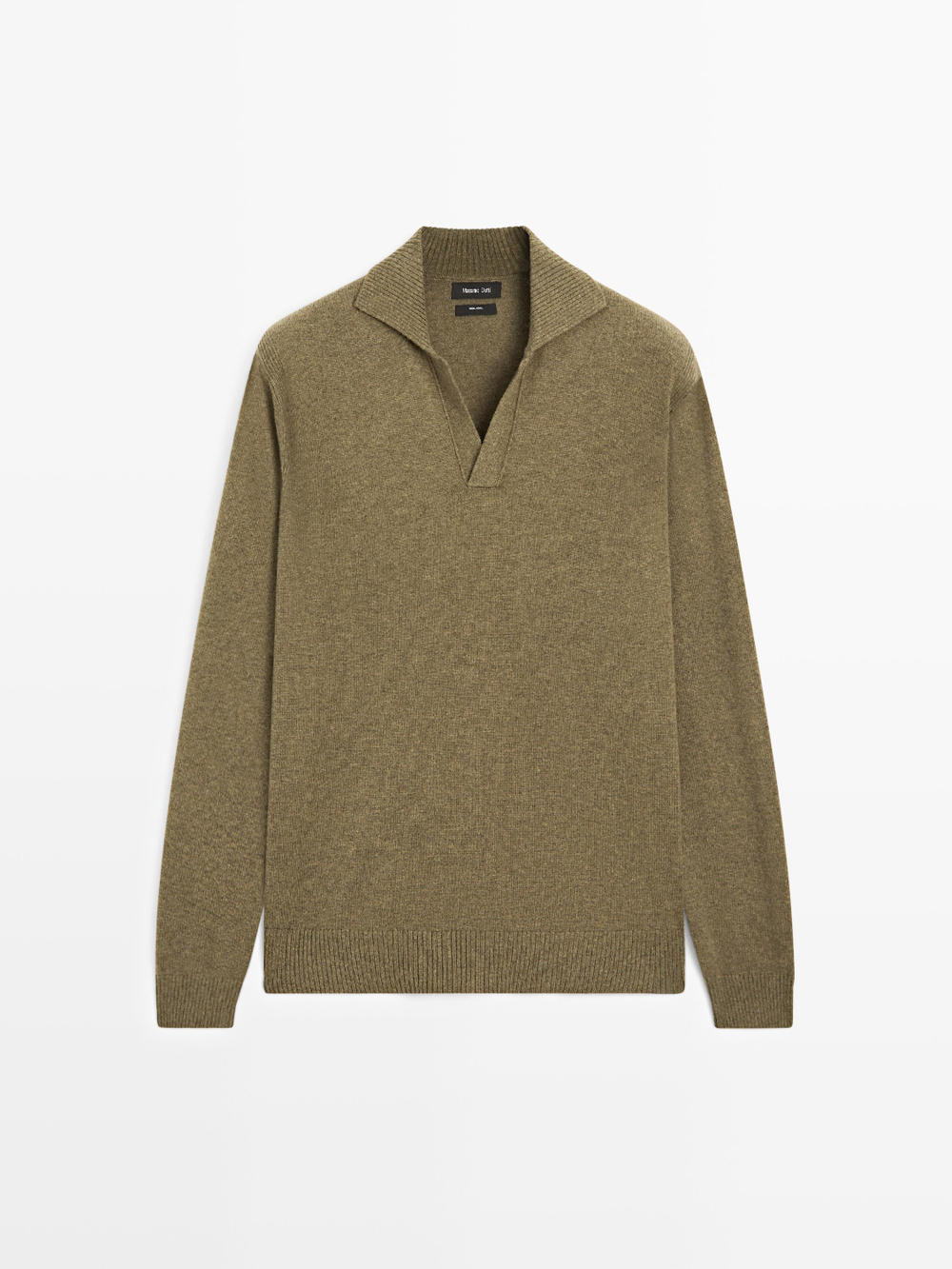 Massimo Dutti Трикотажный свитер поло из 100% шерсти с V-образным вырезом, хаки