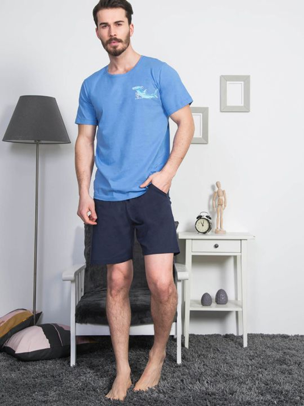 Мужской трикотажный комплект с небольшим принтом на груди (Размер: M) (Цвет: голубой с синим)