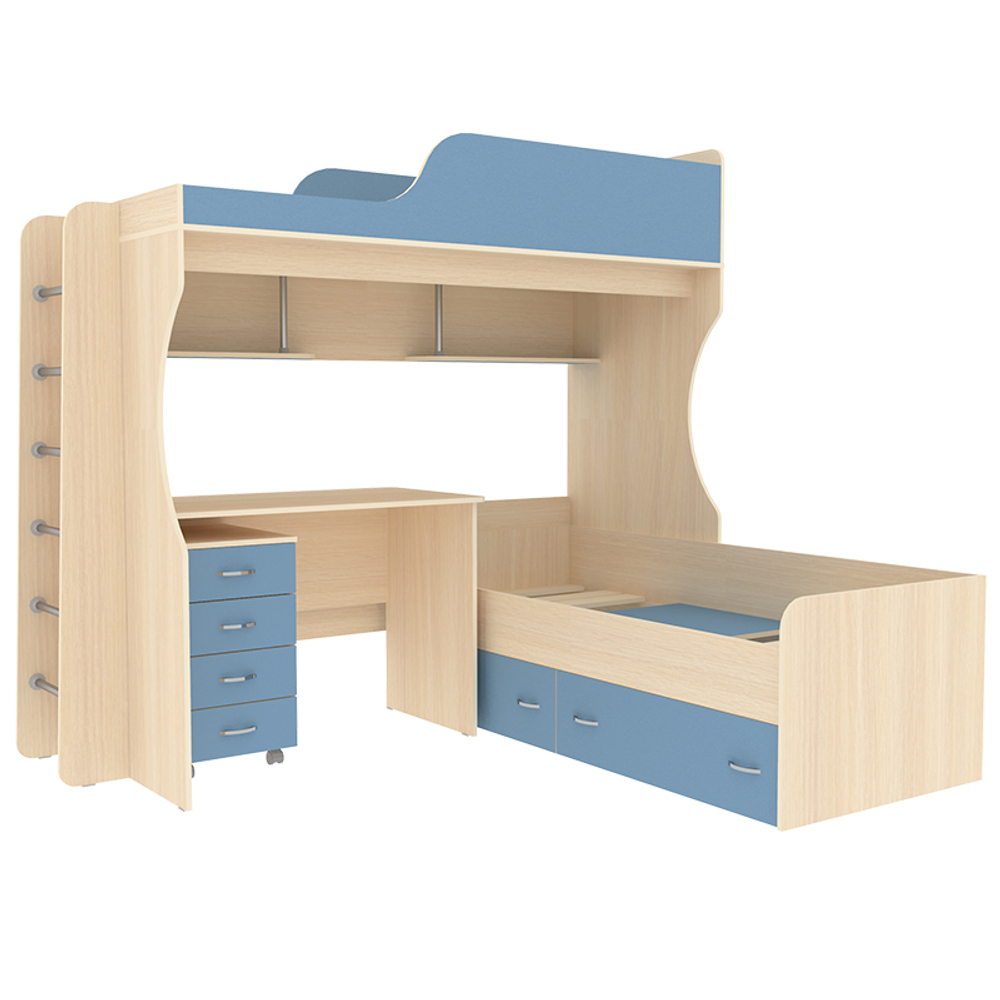 Двухъярусная кровать КарИВи Дуэт-5 с металлической лестницей  Дуб Молочный Светло-синий, голубой