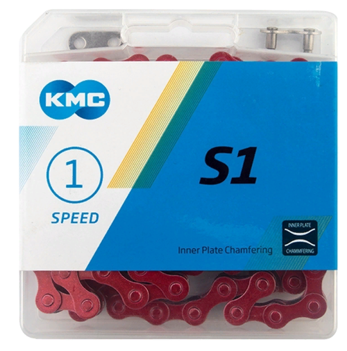 Цепь KMC S1 для 1 скорости, 1/2"х1/8", 112 звеньев, пин 8.7мм, с замком, красная (60)