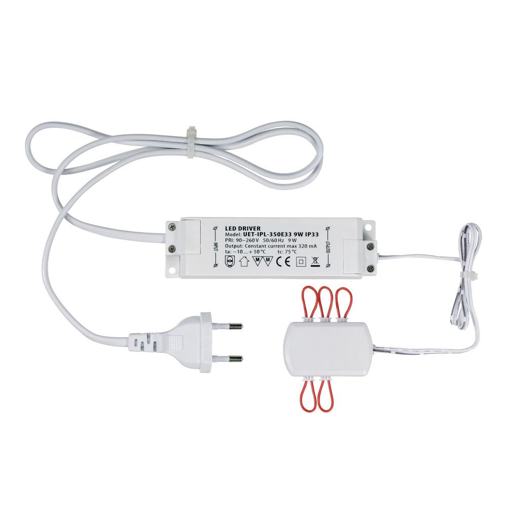 UET-IPL-350E33 9W IP33 6 выходов Блок питания для светодиодов с вилкой, разветвителем на 6 выходов и заглушками. Мощность 9W, ток 320mA, IP33. Упаковк