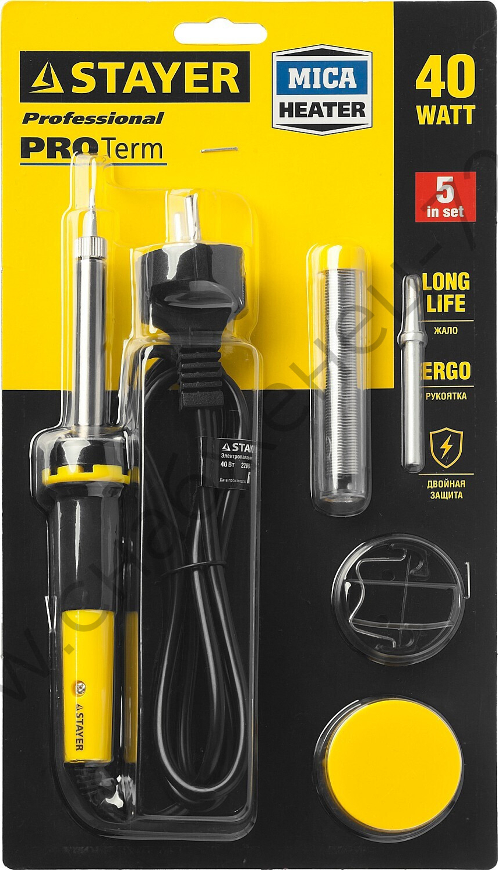 STAYER PROTerm 40Вт с 2К рукояткой, конус, подставка+припой+сменное жало+канифоль, Набор для паяльных работ (55312-40-H5)