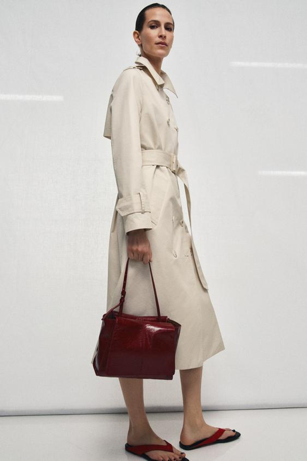 ZARA КОЖАНАЯ МИНИ-СУМКА-ШОПЕР С ДВОЙНЫМ КАРМАНОМ, ВИШНЕВО-КРАСНЫЙ