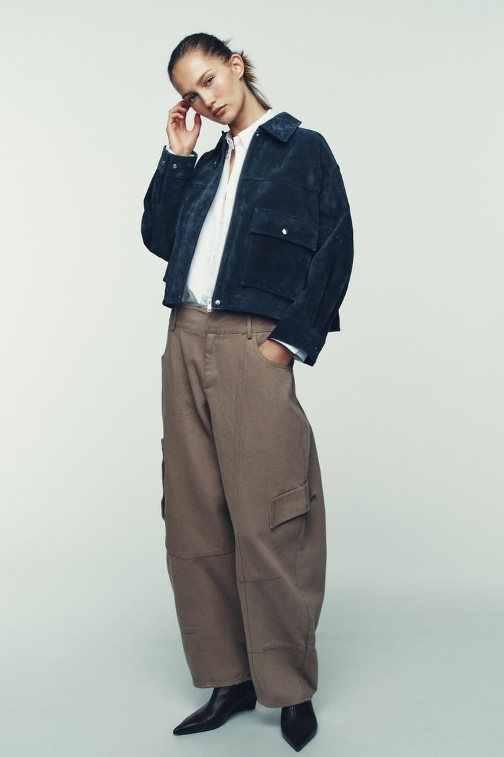 ZARA КУРТКА-БОМБЕР ИЗ 100% КОЖИ, МОРСКОЙ СИНИЙ