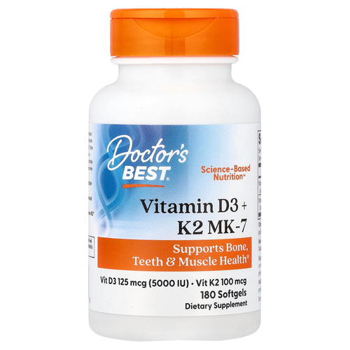 Doctor's Best, витамины D3 и K2 MK-7, 180 мягких таблеток