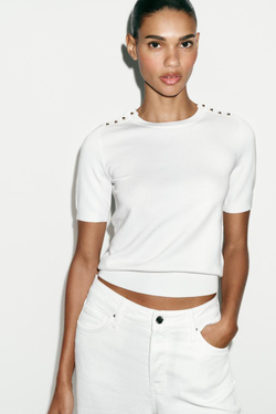 ZARA БАЗОВЫЙ ТРИКОТАЖНЫЙ СВИТЕР С КОРОТКИМИ РУКАВАМИ, БЕЛЫЙ