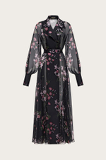 Платье-халат из черной шелковой органзы с авторским принтом