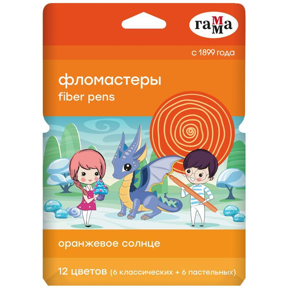 Фломастеры 12цв.(6 обычных + 6 пастел. цв.), 12шт., смываемые "Оранжевое солнце" (Гамма)