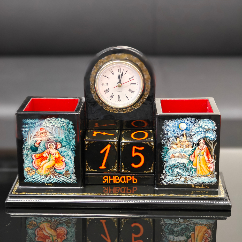 Настольный набор с часами и календарем с ручной росписью Палех "Русские сказки"