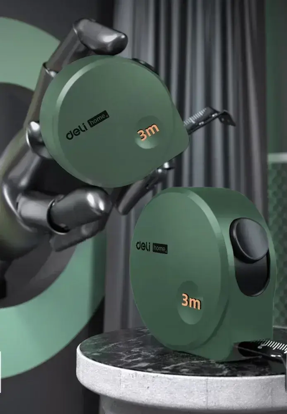 Рулетка "Home Series Green" Deli HT8316L 3мх16мм (Эксклюзивный дизайн, корпус из софттач пластика, противоскользящая резиновая вставка, подарочная упаковка)