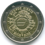 2 евро 2012 год. Кипр. 10 лет наличному евро. Биметалл AU