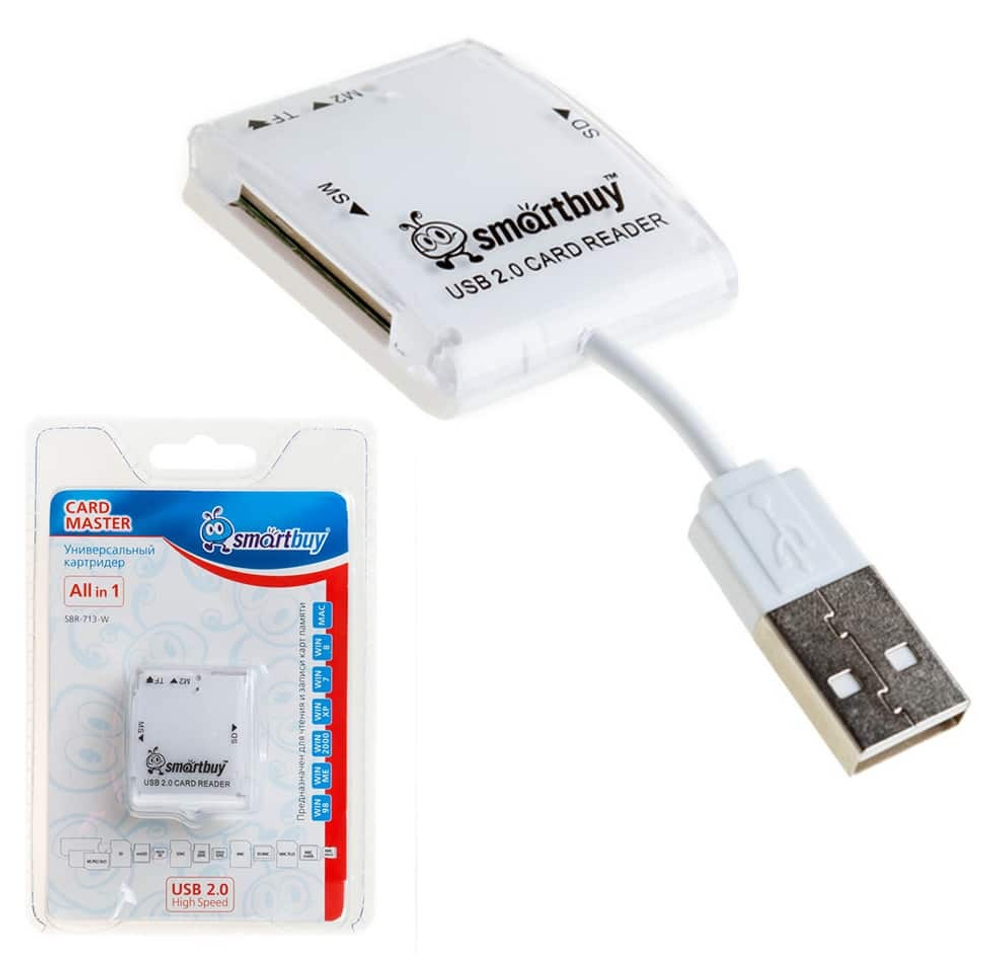 Картридер Smartbuy 713, USB 2.0 - SD/microSD/MS/M2, (SBR-713-W) (белый)