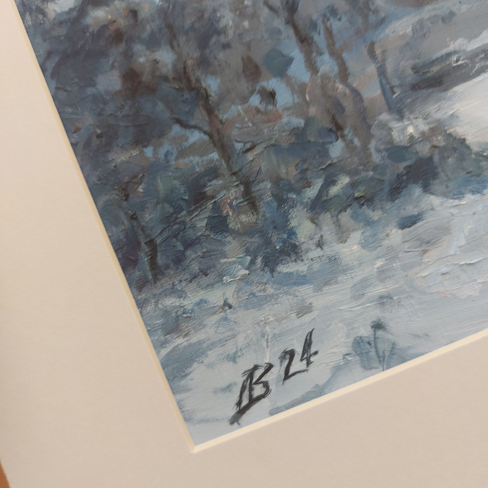 Картина авторская маслом на холсте в паспарту 30х40 см на стену для интерьера "Морозный день"