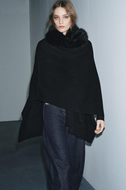 ZARA ТРИКОТАЖНАЯ НАКИДКА С МЕХОВЫМ ВОРОТНИКОМ, ЧЕРНЫЙ