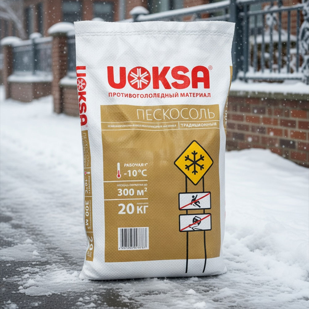 Реагент противогололедный 20кг UOKSA Пескосоль, песко-соляная смесь, мешок