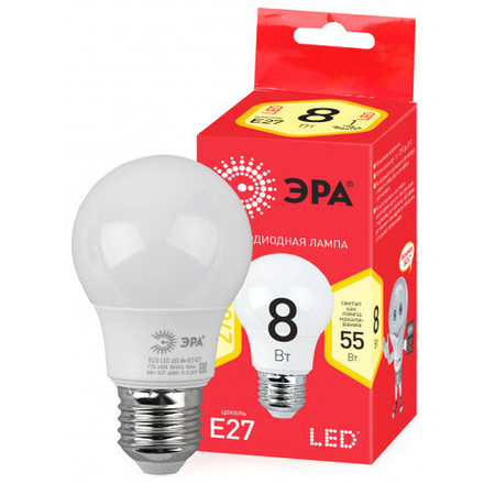 Лампочка светодиодная ЭРА RED LINE ECO LED A55-8W-827-E27 E27 / Е27 8Вт груша теплый белый свет