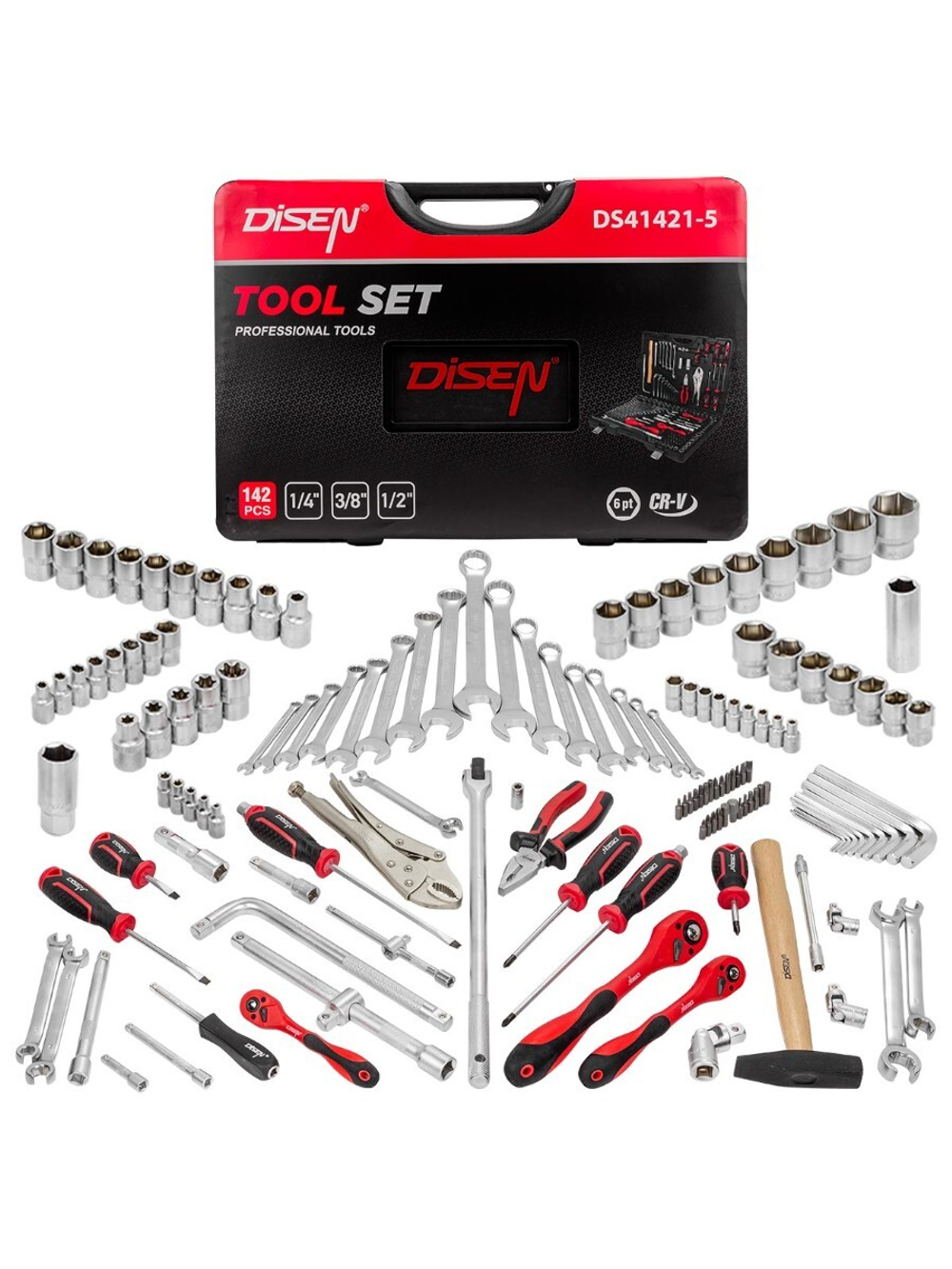 Набор инструментов 142 пр.1/4''3/8''1/2''(6-гр.)(4-32мм) DISEN DS41421-5