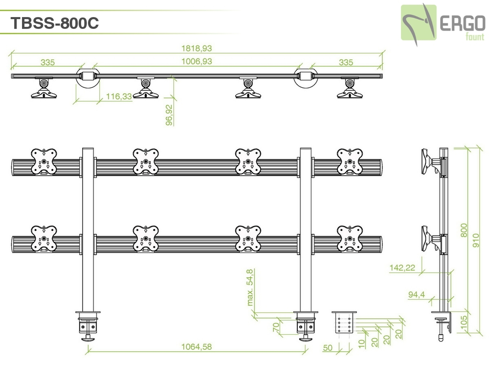 ErgoFount TBSS-800C Настольное крепление для 8 мониторов диагональю до 24'' конфигурации 2х5 с зажимом к столу типа "С". Цвет - серебристый