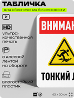 Табличка для обеспечения безопасности "Внимание, тонкий лёд", для офиса, по охране труда для предприятия, организаций, 40х30 см, Silver Plane x Айдентика Технолоджи