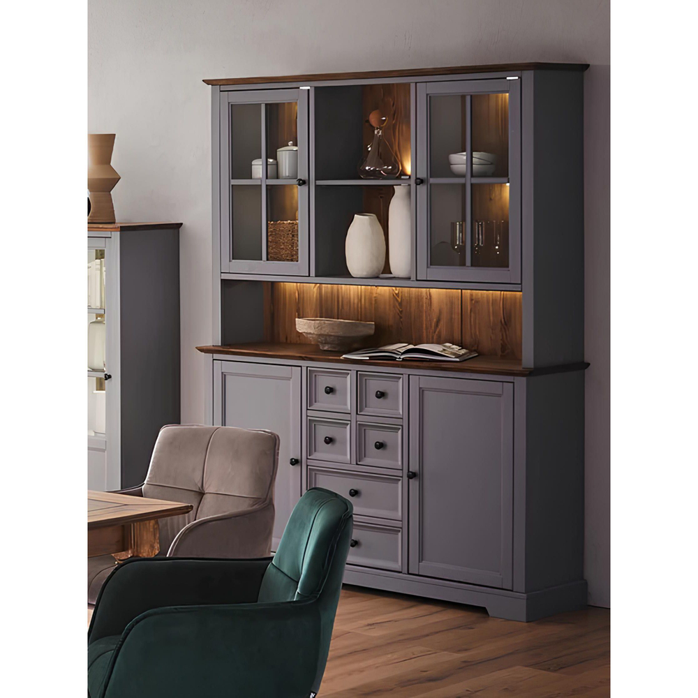 Буфет деревянный с 4 дверями Лэйквью 155х41х202 см с подсветкой, из натуральной сосны