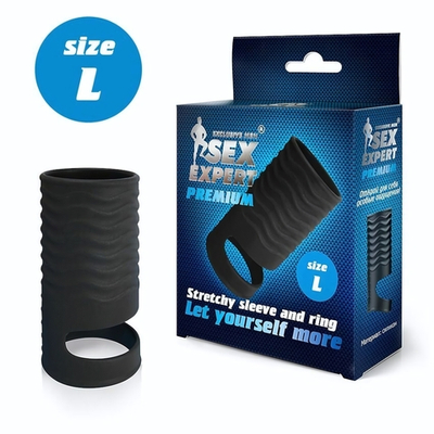 Черная открытая насадка на пенис с кольцом для мошонки L-size - 8,5 см. (Цвет: черный)