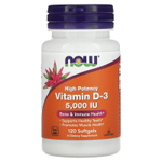 NOW Foods, витамин D3, высокоактивный, 5000 МЕ, 120 капсул