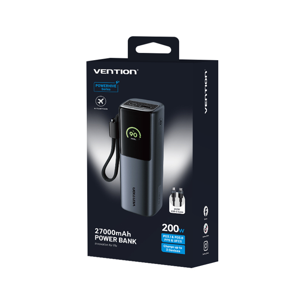 27000mAh Power Bank (USB-C + USB-C/USB-C/USB-A) 200W Gray TFT Display Type