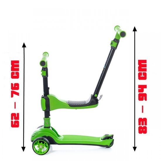Самокат-беговел 3 в 1 Scooter Micar Transformer складной со светящимися колесами, сиденьем и родительской ручкой зеленый