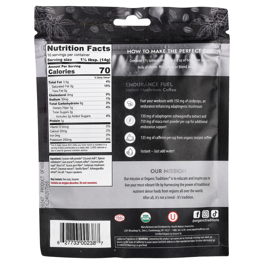 Organic Traditions, Endurance Fuel, растворимый грибной кофе, 140 г (5 унций)