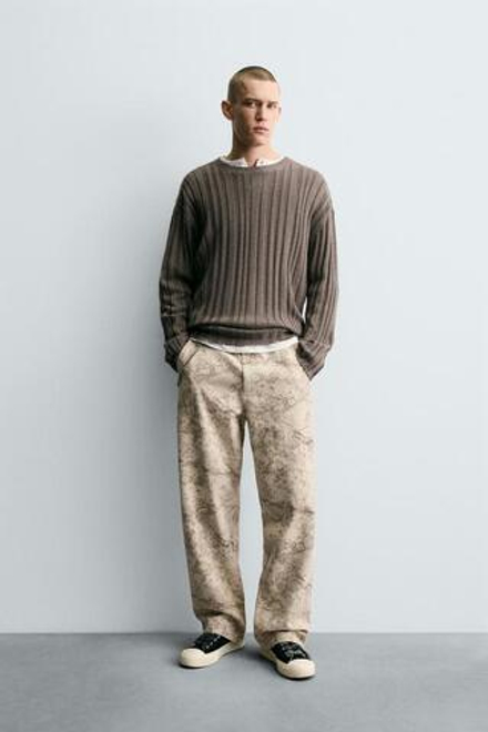 ZARA БРЮКИ КАРГО С АБСТРАКТНЫМ ПРИНТОМ, СВЕТЛО-БЕЖЕВЫЙ