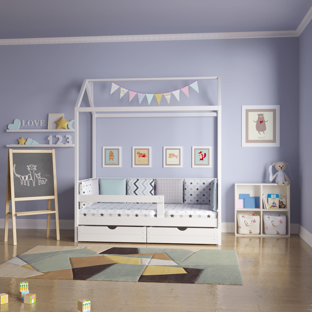 Кровать подростковая домик "Классика" 180*90 см белый 1 борт, (Pirogova wood)