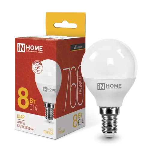 Лампа светодиодная LED-ШАР-VC 8Вт 230В Е14 3000К ТЕПЛЫЙ 760Лм IN HOME
