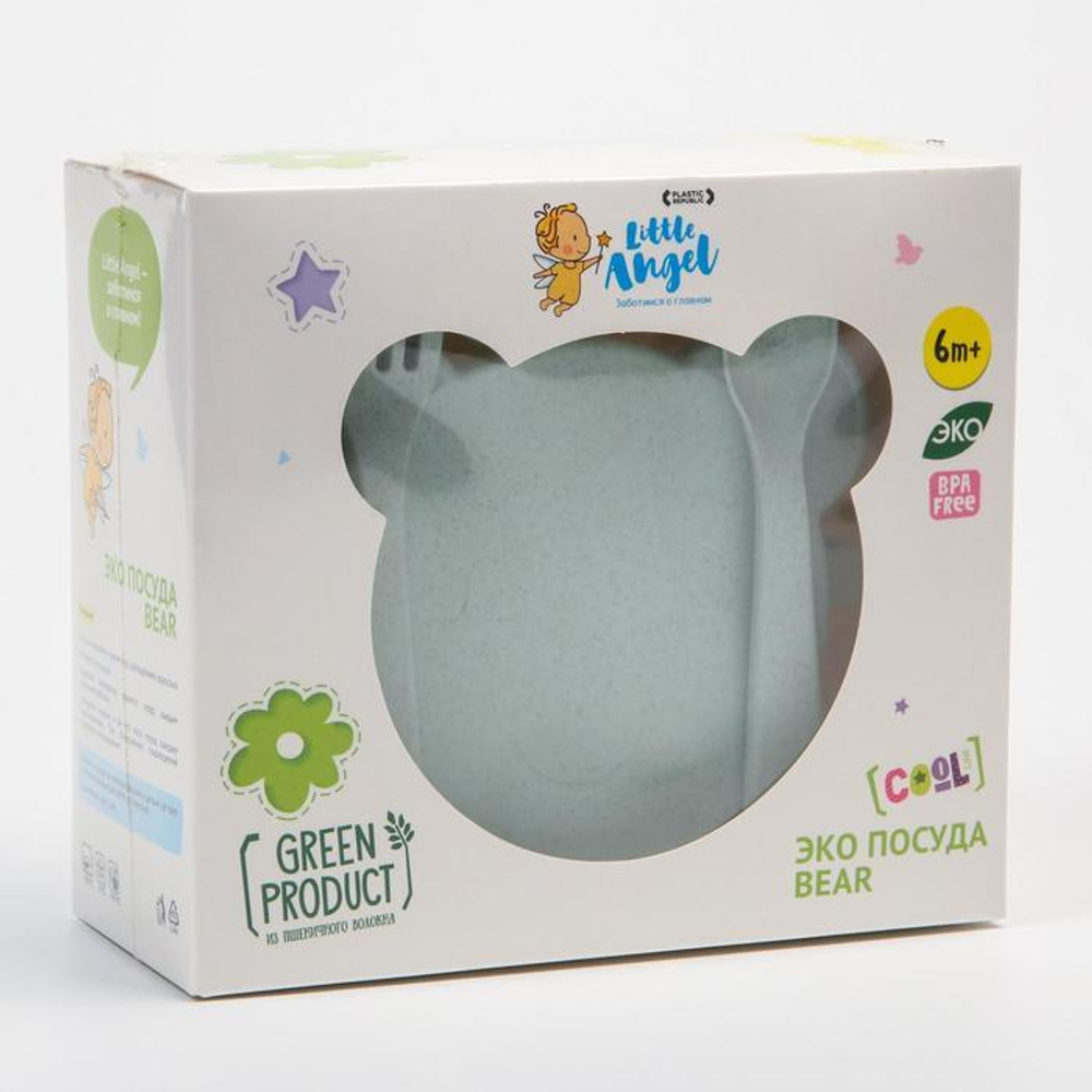 7425069 Набор детской ЭКО посуды: Миска с крышкой, ложка и вилка, цвет зелёный