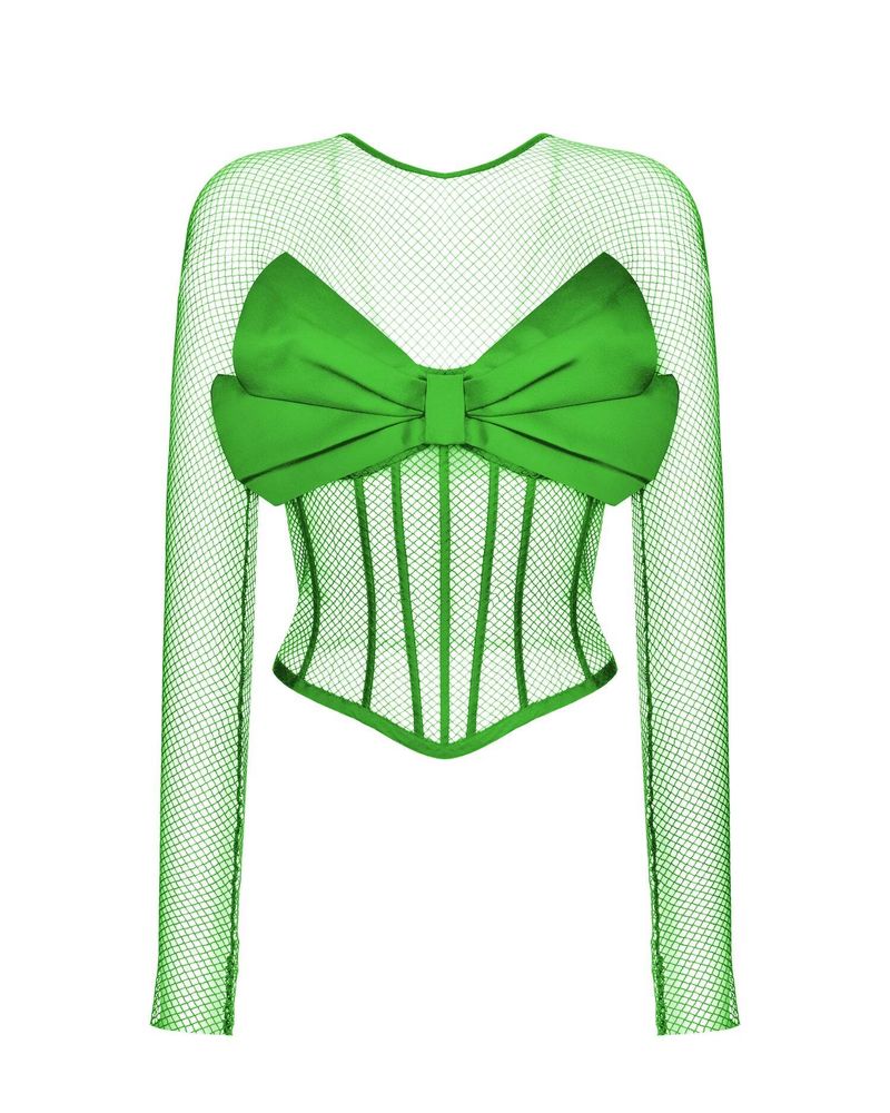 Блуза корсетного типа из шелка и сетки с бантом