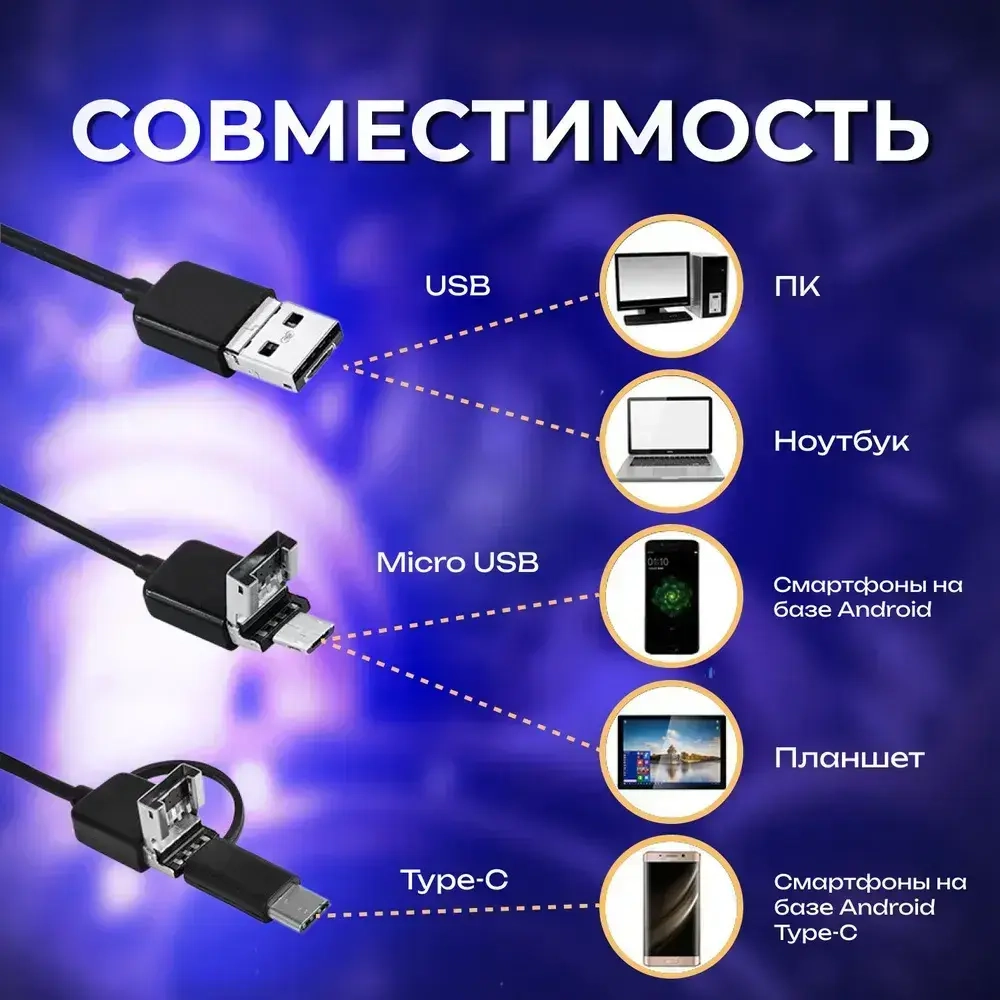 Эндоскоп для смартфона с гибкой камерой автомобильный 2м