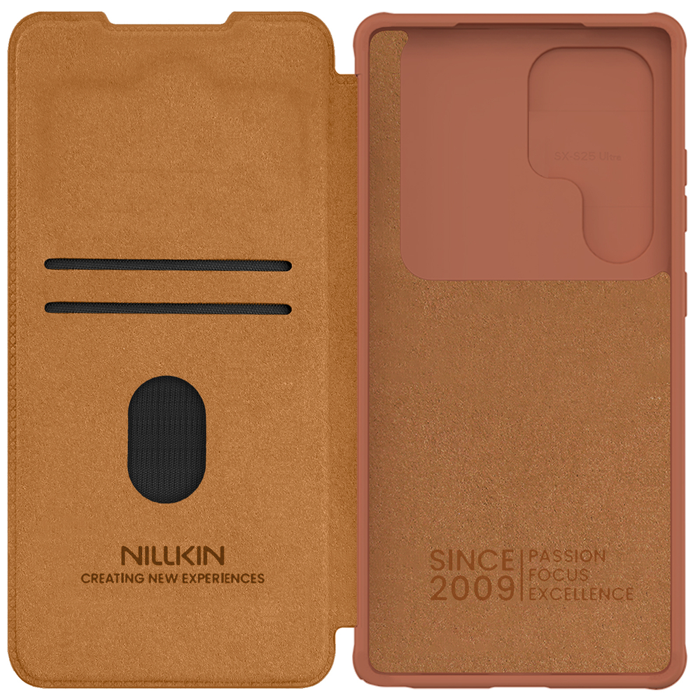 Кожаный чехол книжка коричневого цвета от Nillkin для Samsung Galaxy S25 Ultra, серия Qin Pro Leather с сдвижной защитной шторкой для камеры