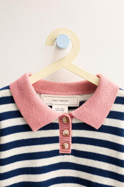 ZARA TIMELESS — СВИТЕР ПОЛО В ПОЛОСКУ, ЭКРЮ/СИНИЙ