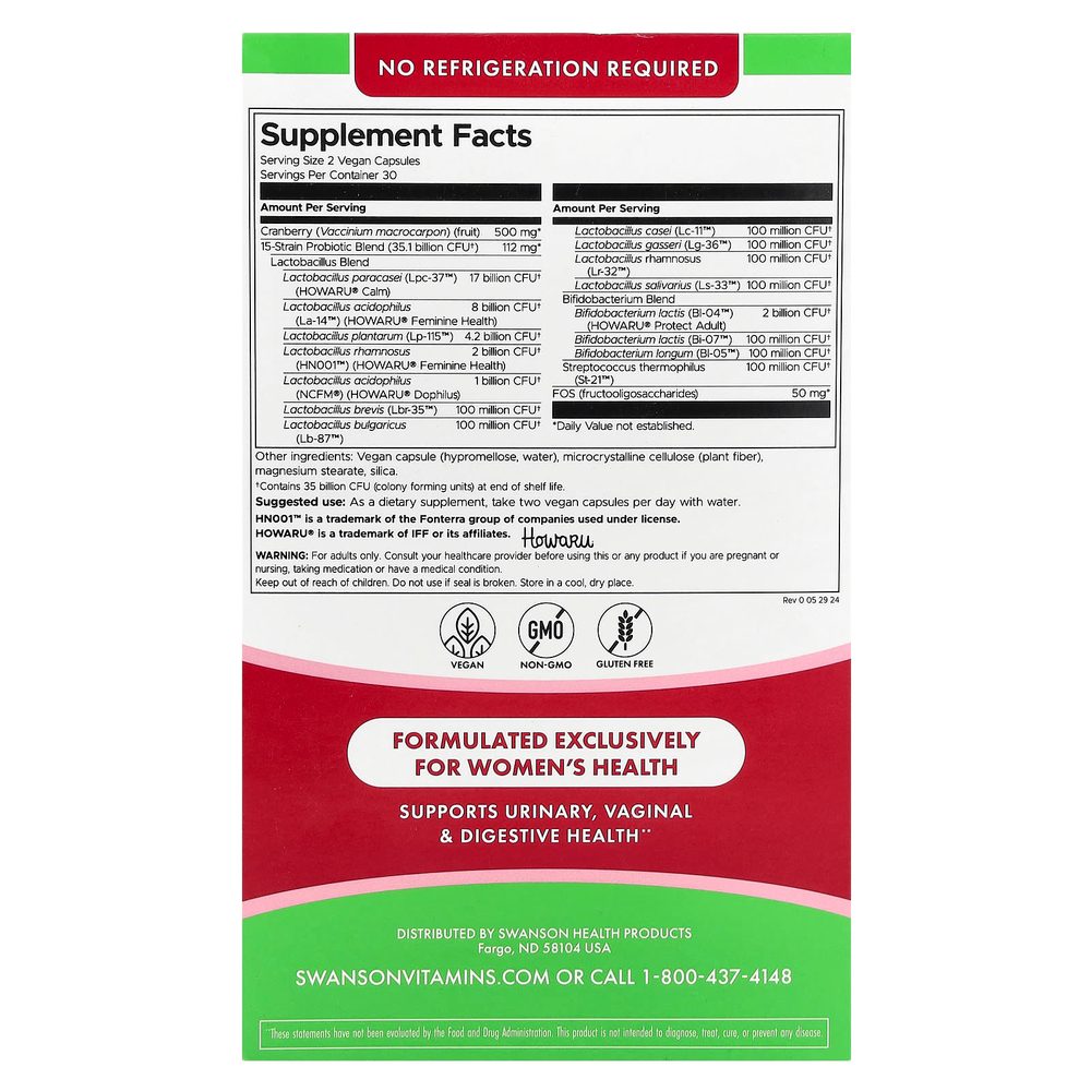 Swanson, Ежедневный пробиотик и пребиотик ФОС для женщин с клюквой, 35 млрд КОЕ, 60 веганских капсул