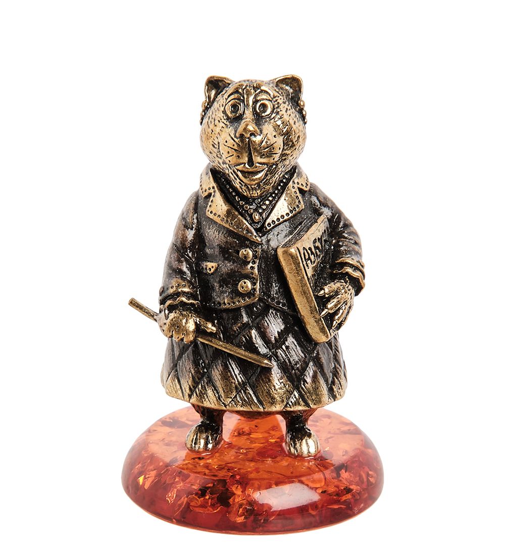 AM-1010 Фигурка «Колокольчик-Кошка завуч» (латунь, янтарь)