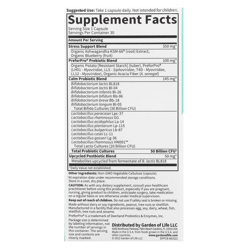 Garden of Life, Probiotics Calm, 50 млрд, 30 вегетарианских капсул