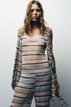 ZARA ТОП В ПОЛОСКУ С МЕТАЛЛИЗИРОВАННОЙ НИТЬЮ, РАЗНОЦВЕТНЫЙ